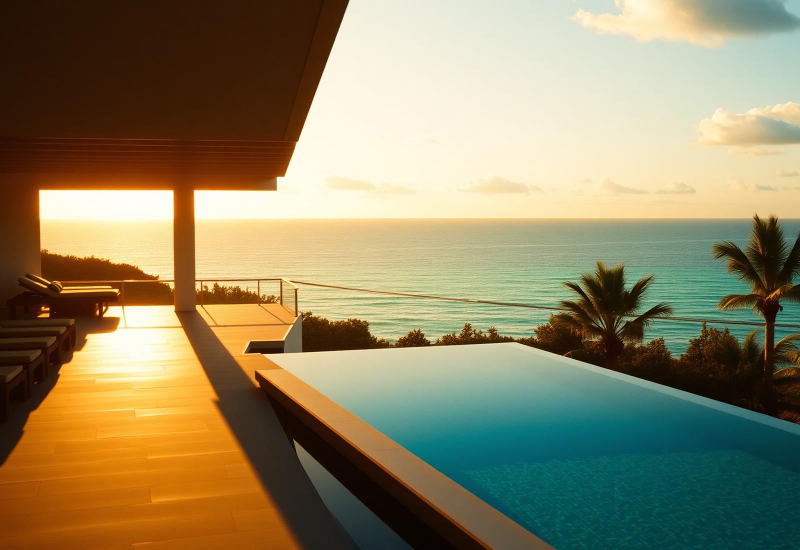Coastal villa at golden hour with infinity pool